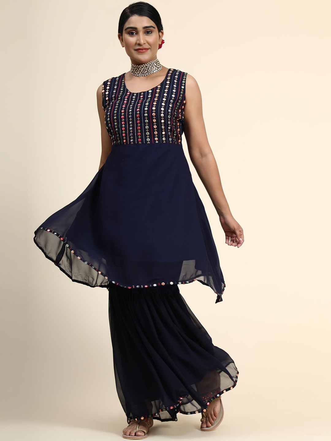 

KALINI Women Blue Floral Embroidered Mirror Work Kurta with Sharara