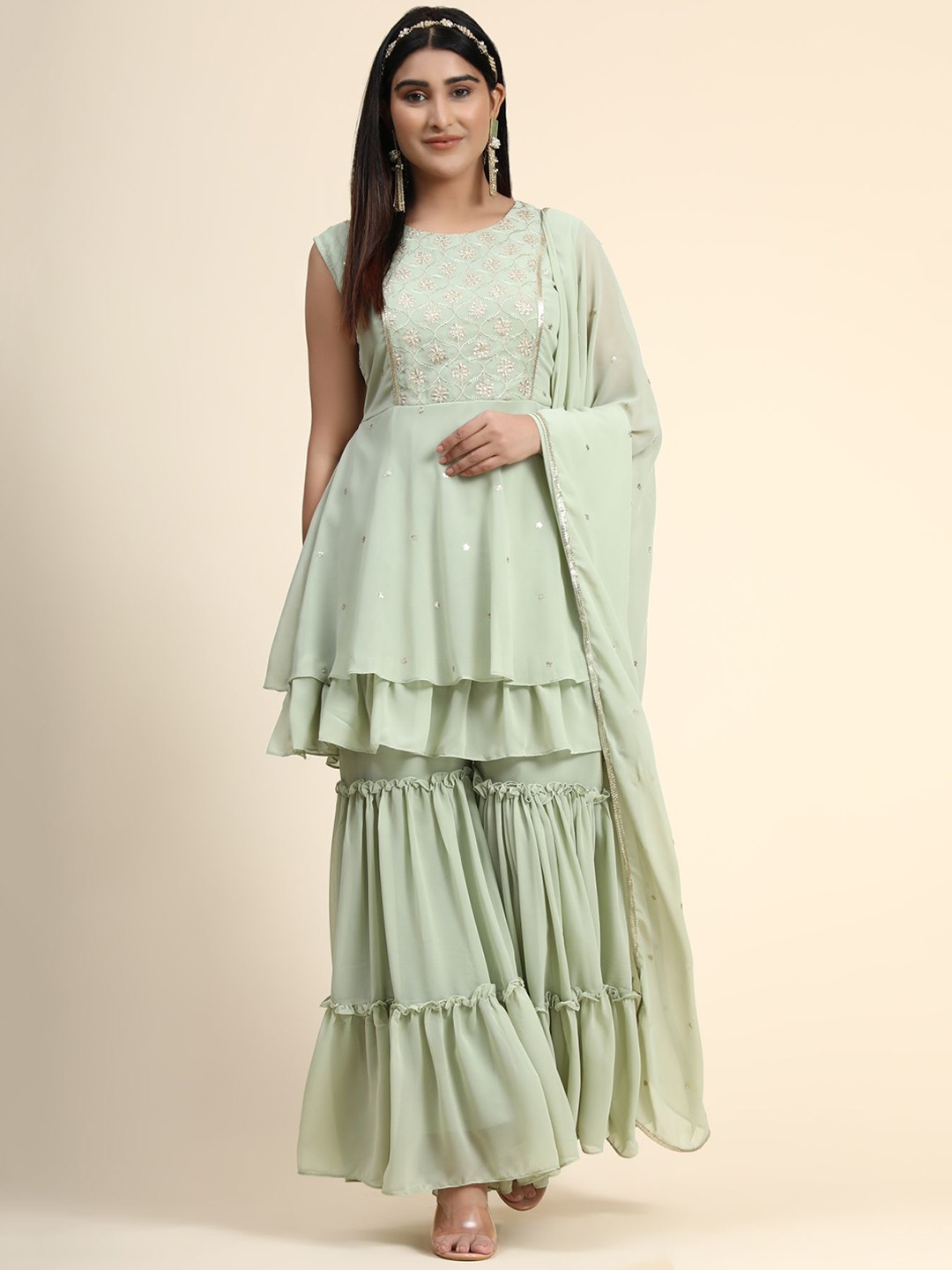 

KALINI Women Sea Green Floral Embroidered Layered Thread Work Kurti with Sharara & With Dupatta