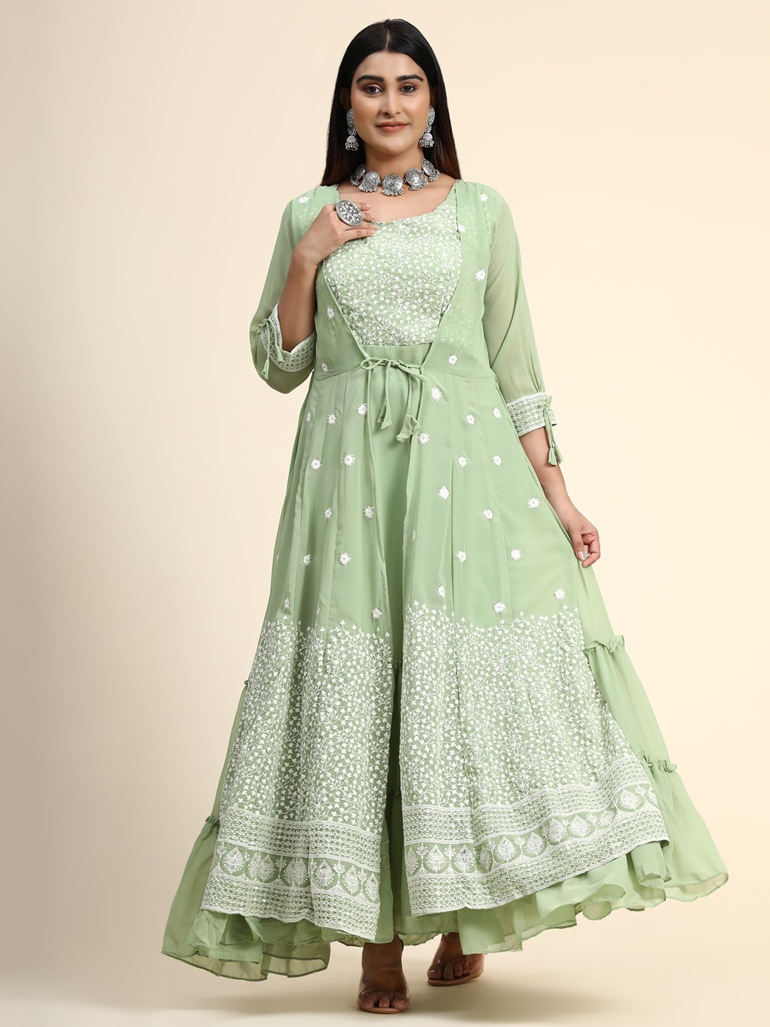 

KALINI Sea Green Floral Embroidered Layered Ethnic Maxi Dress