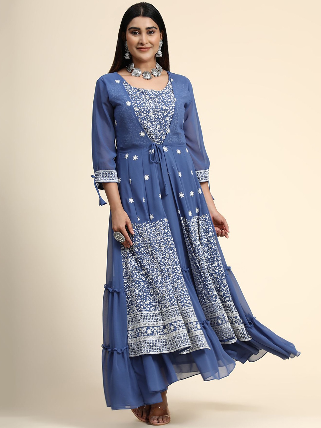 

KALINI Women Blue Floral Embroidered Layered Ethnic Maxi Dress