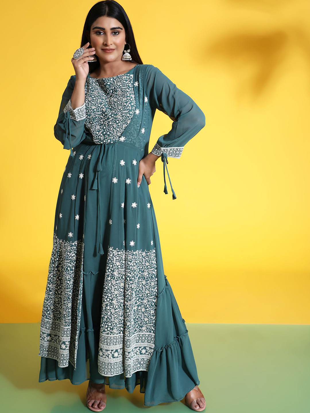

KALINI Women Green Floral Embroidered Layered Ethnic Maxi Dress