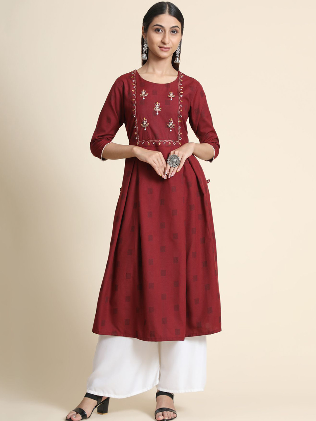 

KALINI Women Red Printed Thread Work Pure Cotton Kurta with Palazzos