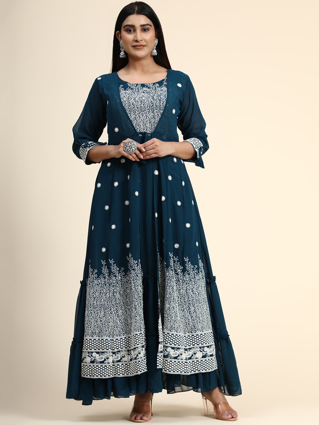 

KALINI Women Navy Blue Floral Embroidered Layered Ethnic Maxi Dress