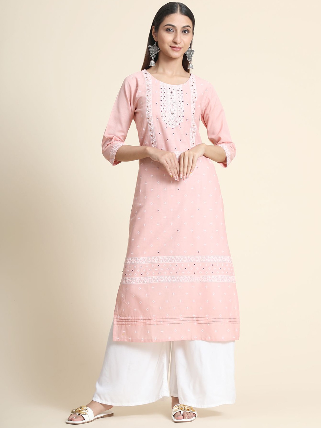 

KALINI Women Pink Ethnic Motifs Printed Pure Cotton Kurta with Palazzos