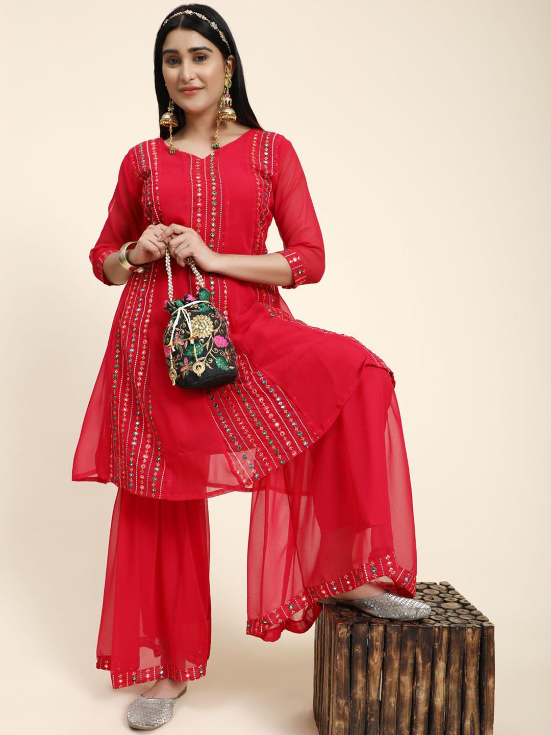 

KALINI Women Red Embroidered Kurta with Palazzos