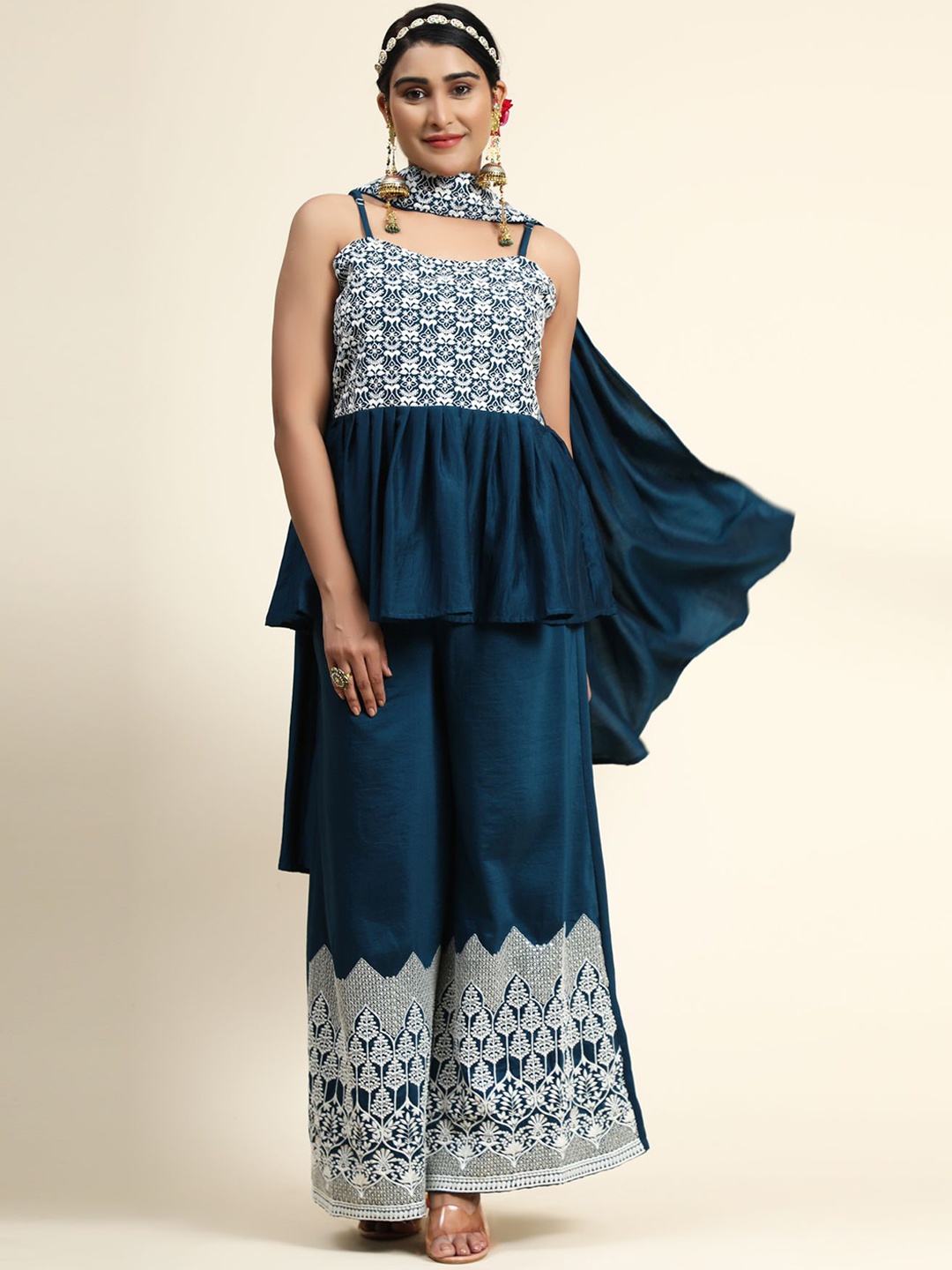 

KALINI Women Navy Blue Ethnic Motifs Embroidered Empire Kurti with Palazzos & With Dupatta