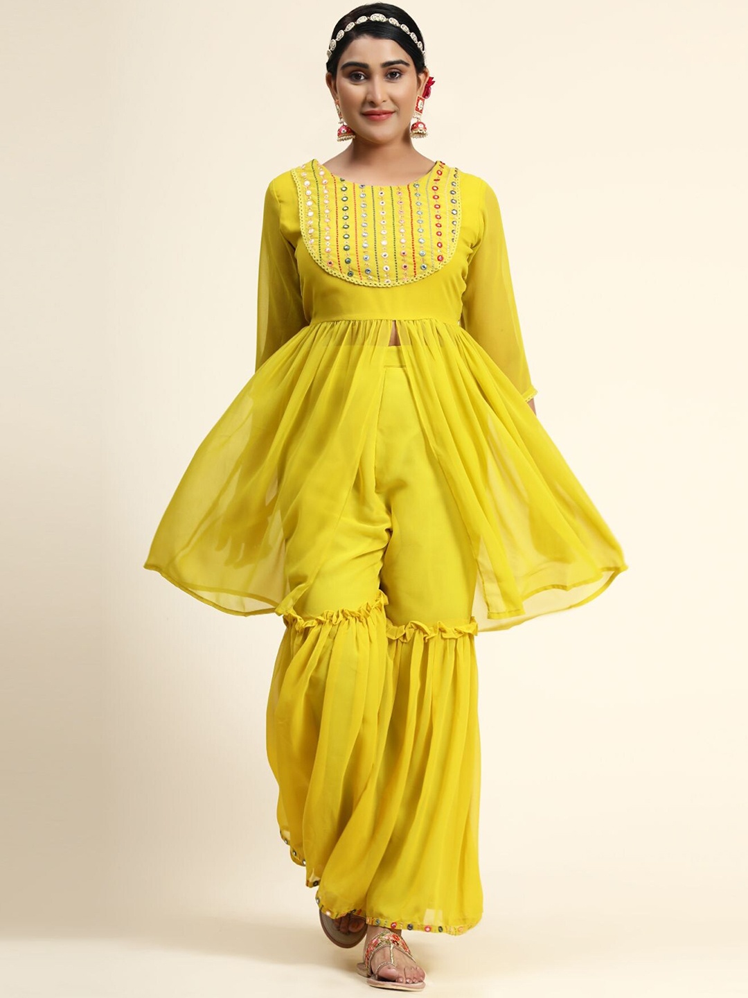 

KALINI Women Yellow High Slit Thread Work Kurta with Sharara