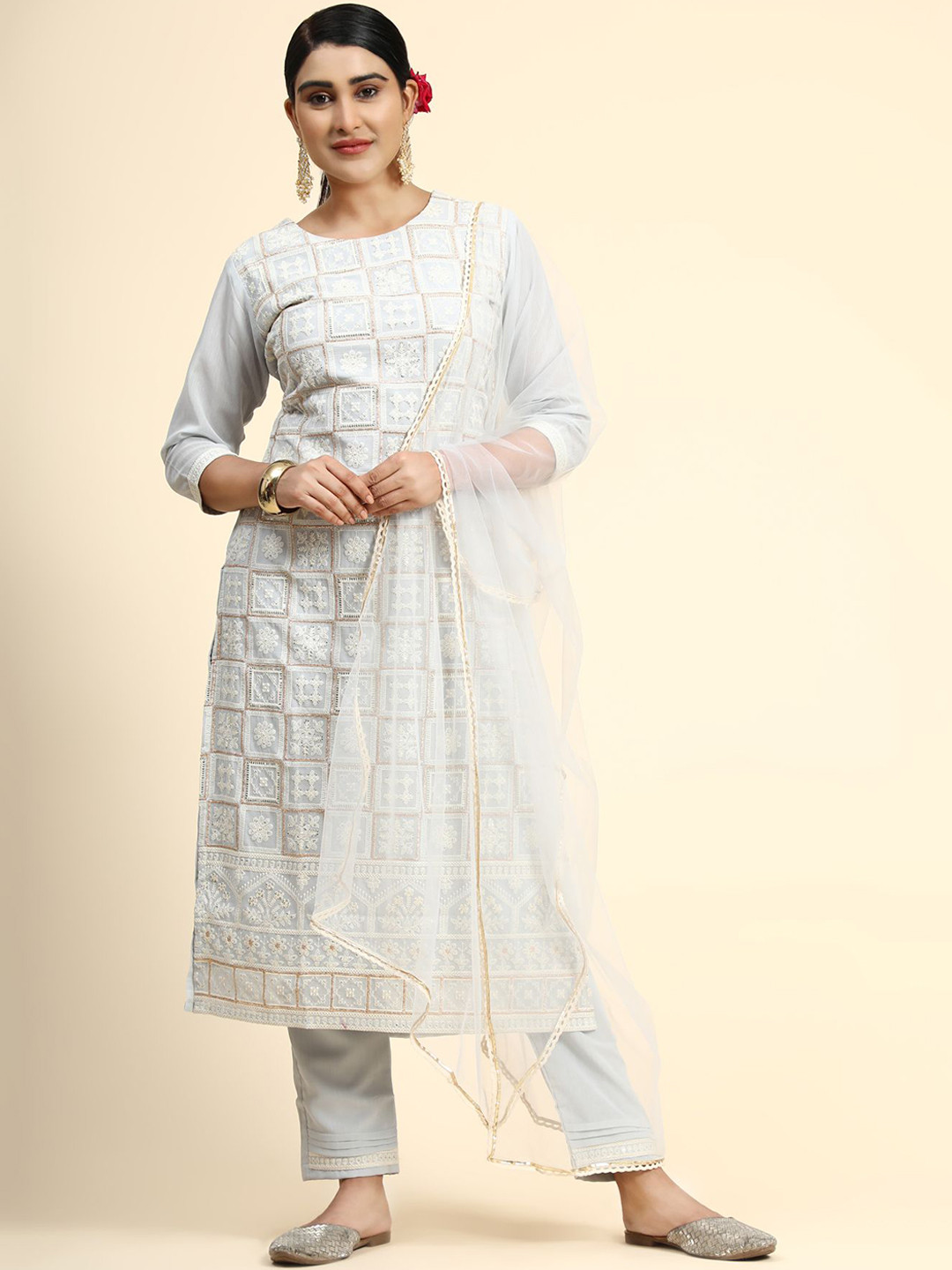 

KALINI Women Grey Embroidered Chikankari Kurta with Trouser