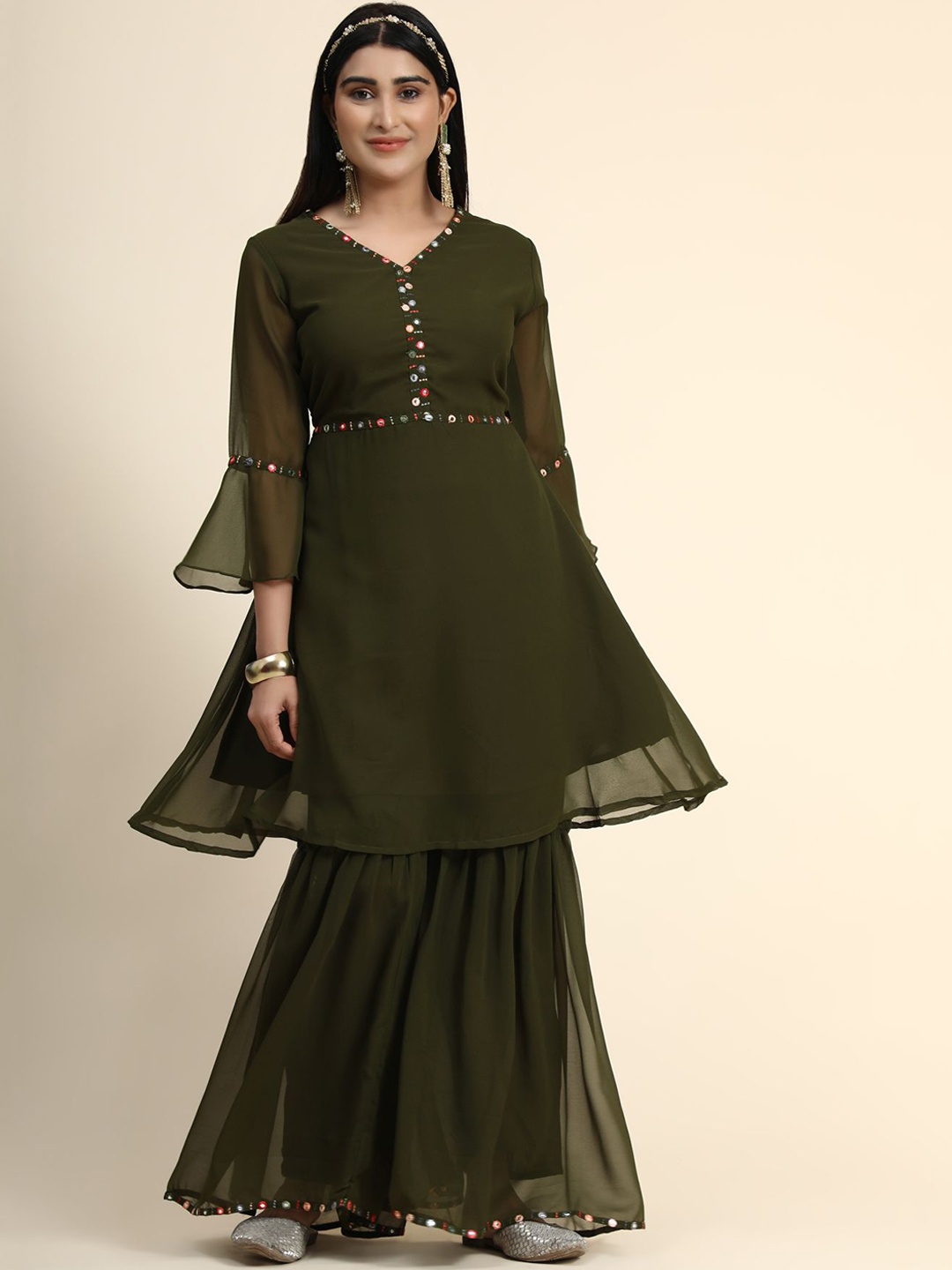 

KALINI Women Olive Green Ethnic Motifs Embroidered Mirror Work Kurta with Sharara