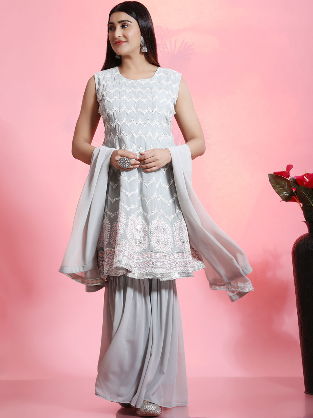 

KALINI Women Grey Ethnic Motifs Embroidered Thread Work Kurti with Sharara & Dupatta