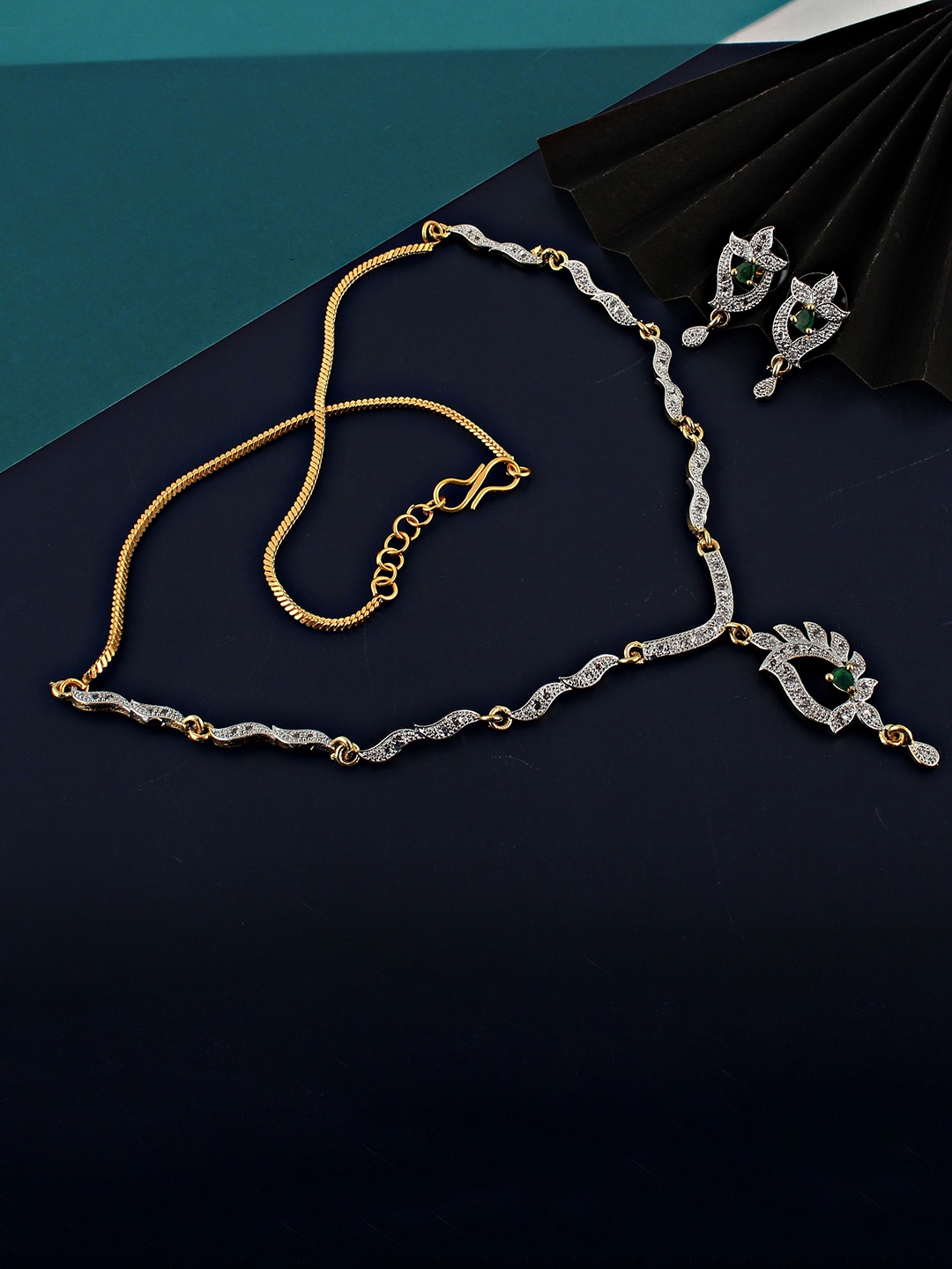 

LUCKY JEWELLERY 18K Gold Plated American Diamond Green Jewellery Set
