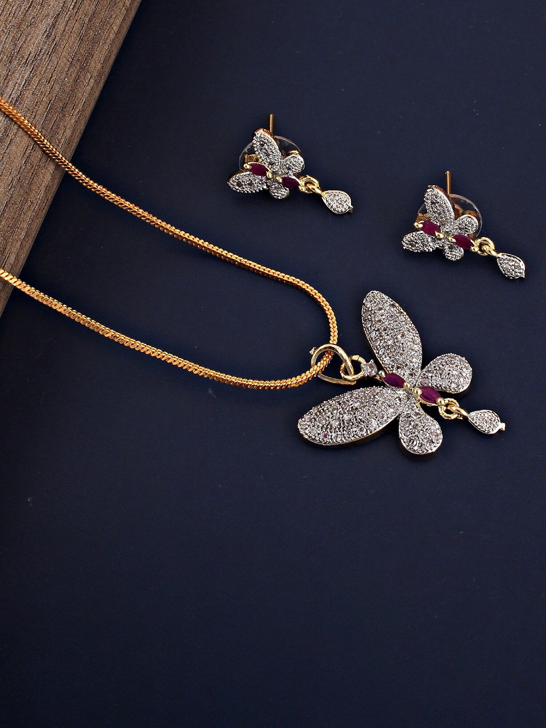 

LUCKY JEWELLERY 18K Gold Plated American Diamond (AD) White Butterfly Jewellery Set, Magenta