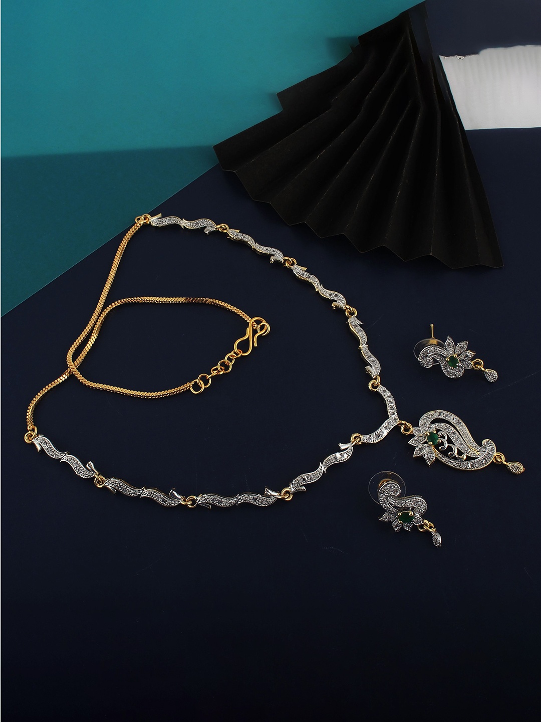 

LUCKY JEWELLERY 18K Gold Plated American Diamond Green Jewellery Set