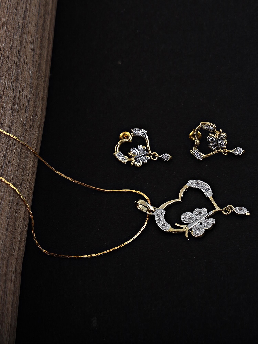 

LUCKY JEWELLERY 18K Gold Plated American Diamond Sterling Silver Necklace with Earrings, White