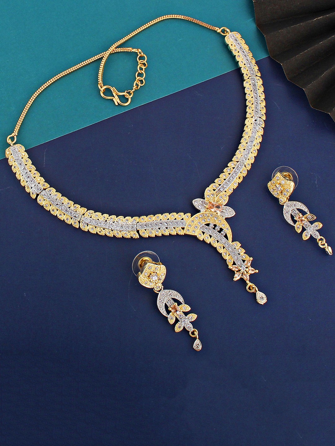

LUCKY JEWELLERY 18K Gold Plated American Diamond Sterling Silver Necklace with Earrings, White