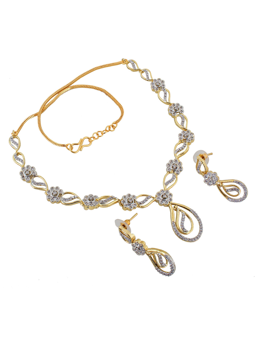 

LUCKY JEWELLERY 18K Gold Plated American Diamond Sterling Silver Necklace with Earrings, White