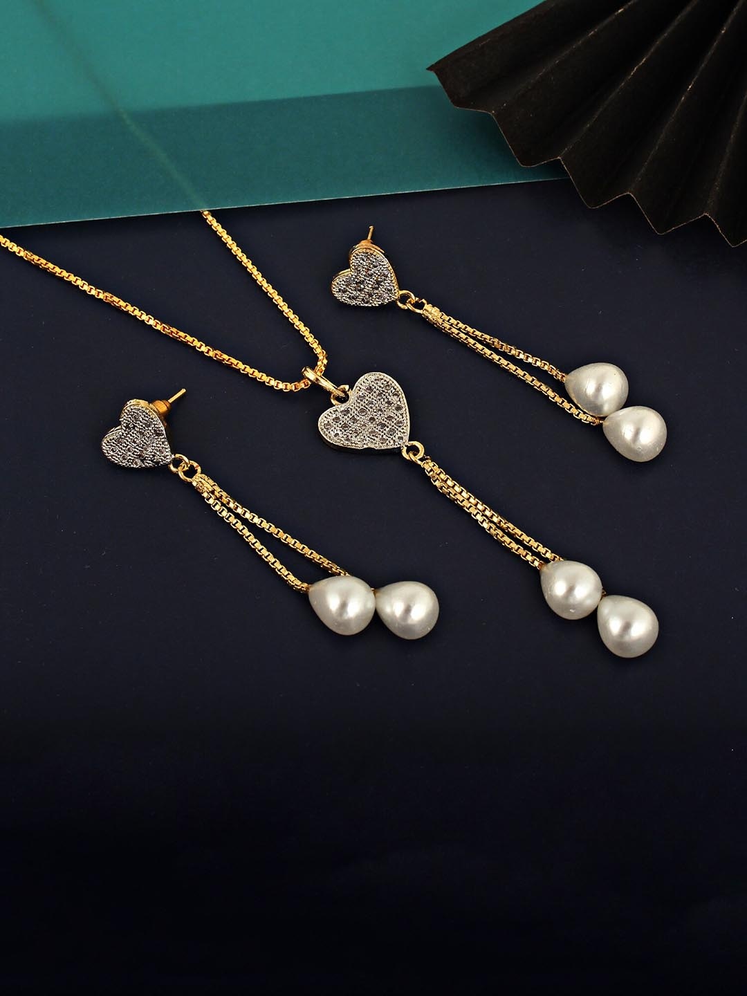 

LUCKY JEWELLERY 18K Gold Plated American Diamond Sterling Silver Necklace with Earring, White