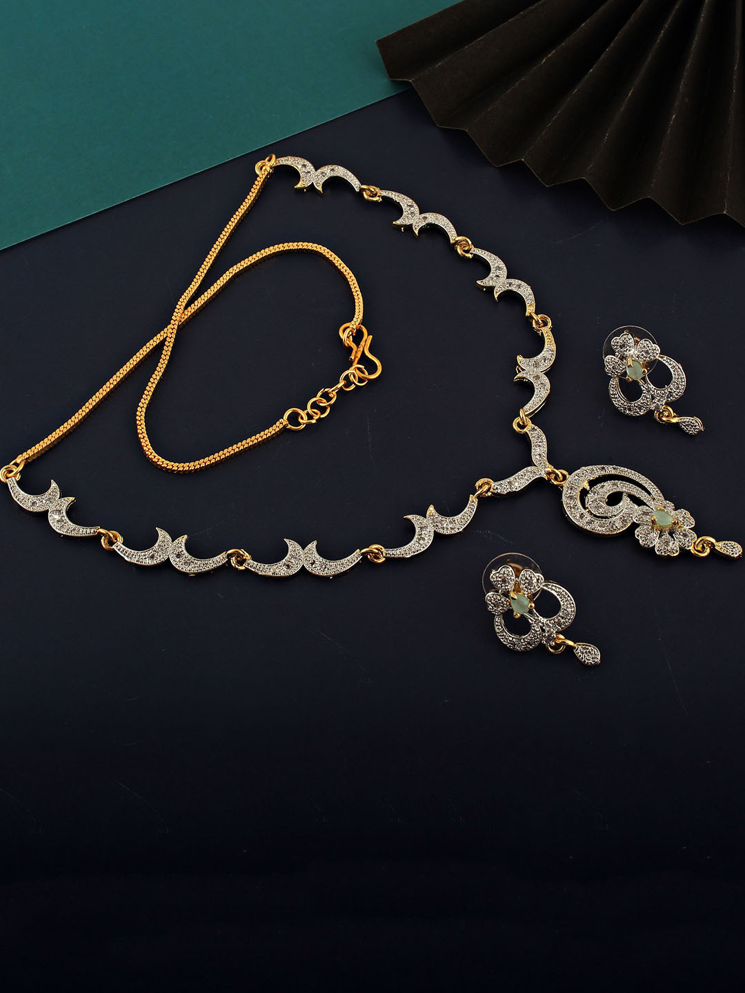 

LUCKY JEWELLERY 18K Gold Plated American Diamond Sterling Silver Necklace with Earrings, Green
