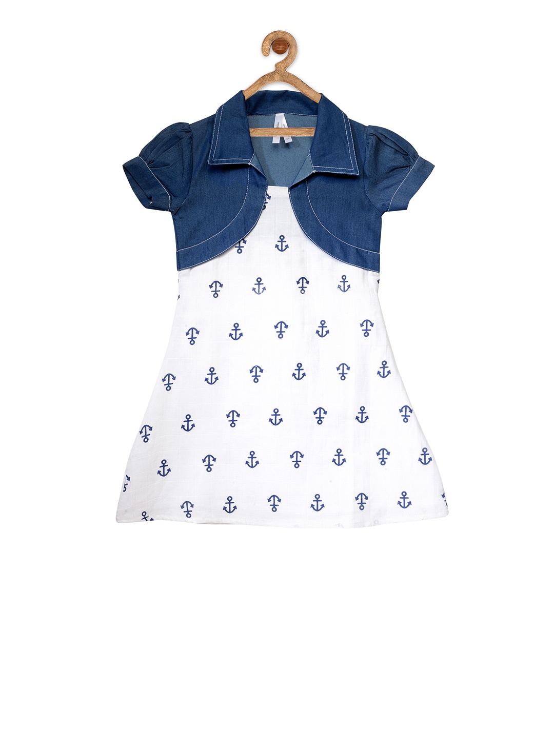 

StyleStone Girls White Blue Printed A-Line Denim dress