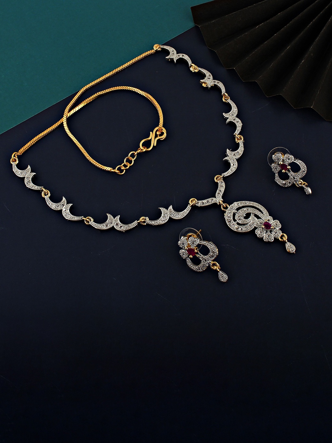 

LUCKY JEWELLERY Gold Plated American Diamond Studded Jewellery Set, Magenta