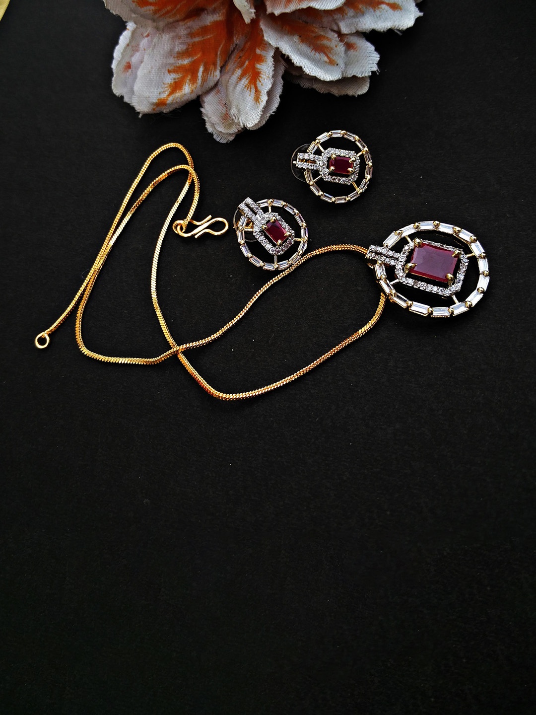 

LUCKY JEWELLERY Gold Plated American Diamond Studded Jewellery Set, Magenta