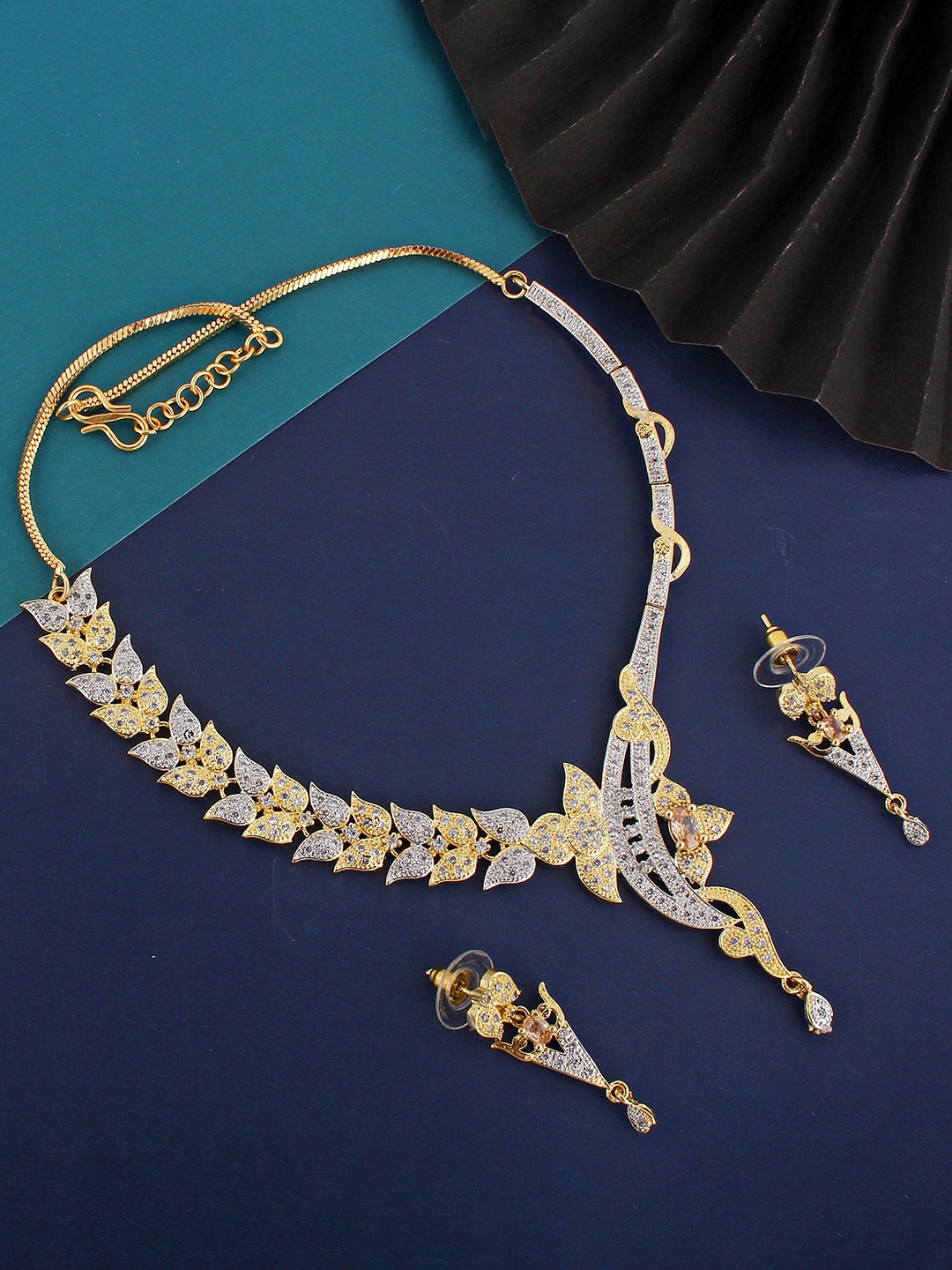 

LUCKY JEWELLERY Gold Plated American Diamond Studded Jewellery Set, White