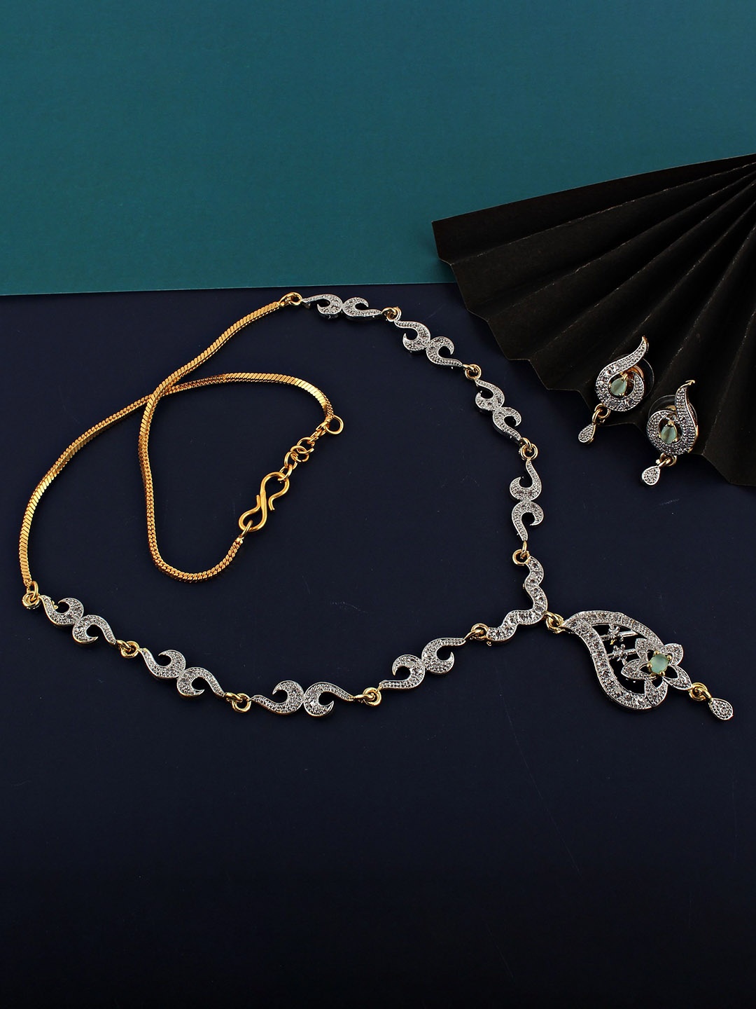

LUCKY JEWELLERY Gold Plated American Diamond Studded Jewellery Set, Green