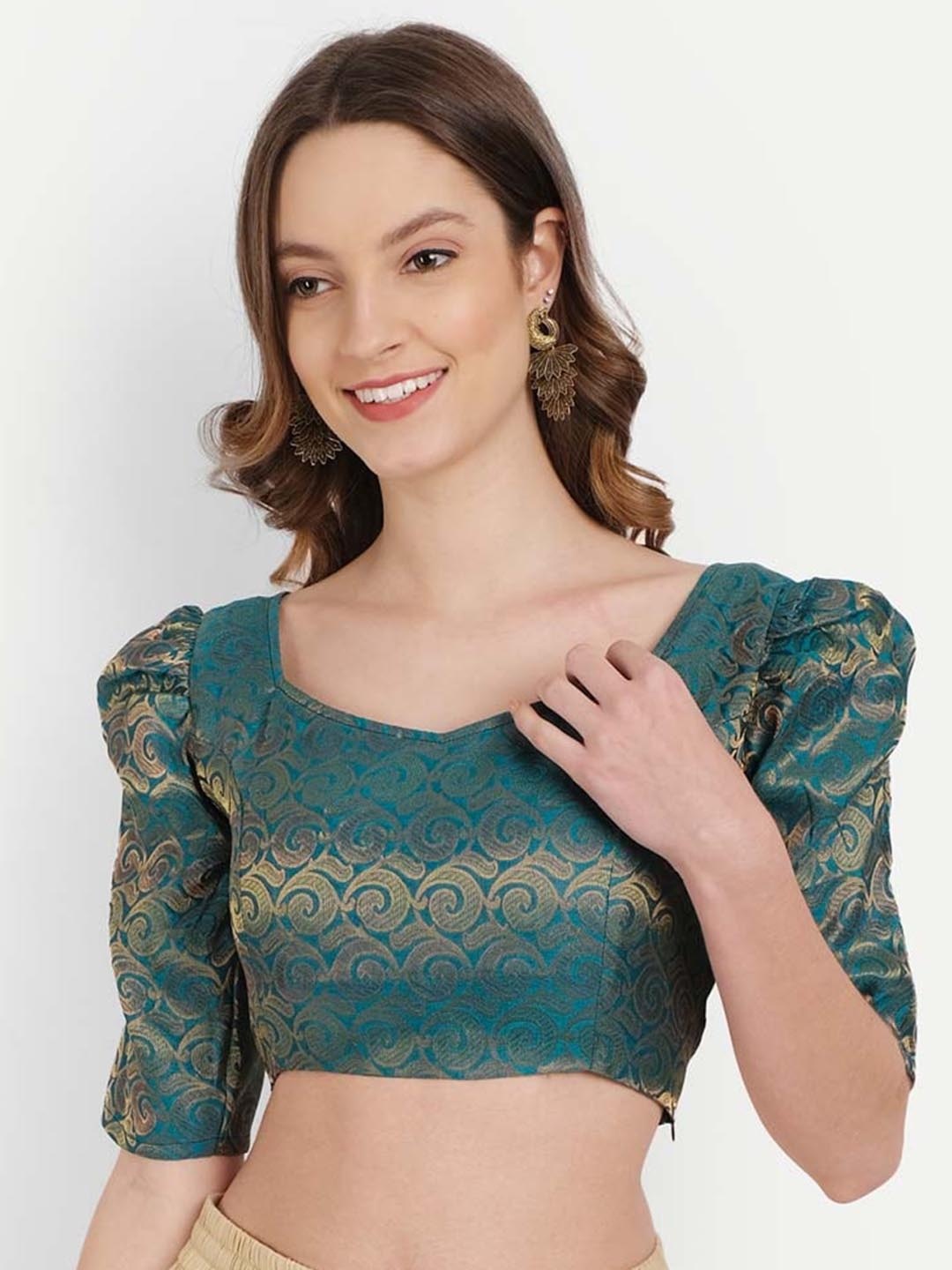 

YOU FOREVER Women Teal & Gold Woven Design Brocade Saree Blouse