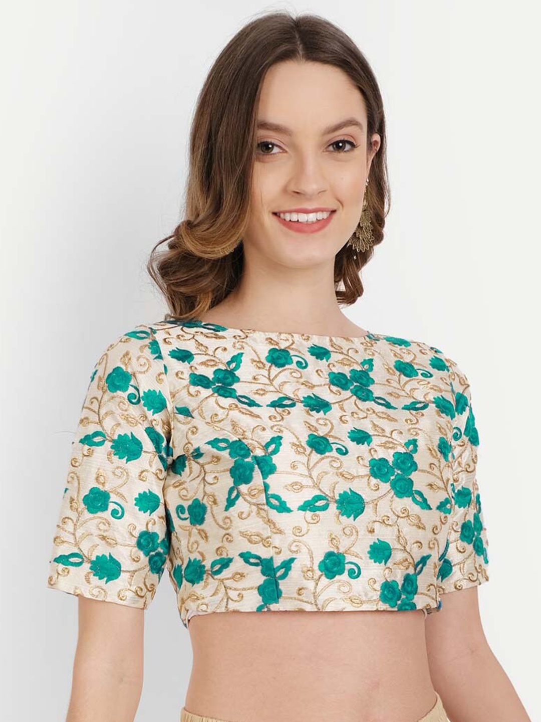 

YOU FOREVER Off White & Green Embroidered Saree Blouse, Beige