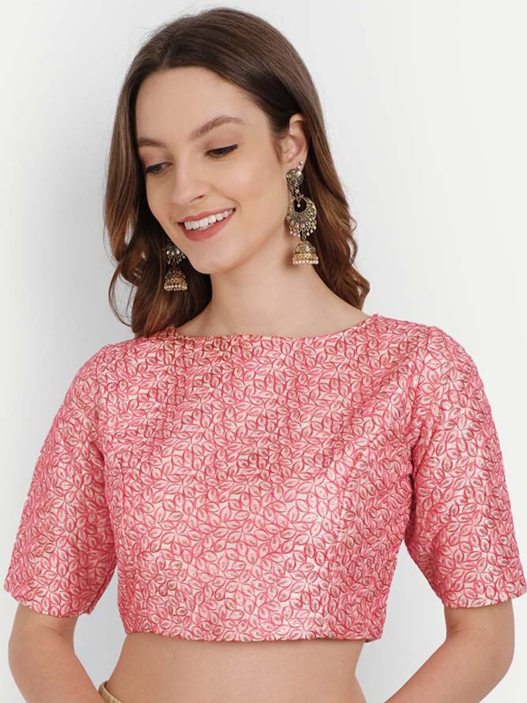 

YOU FOREVER Pink Woven Design Jacquard Saree Blouse