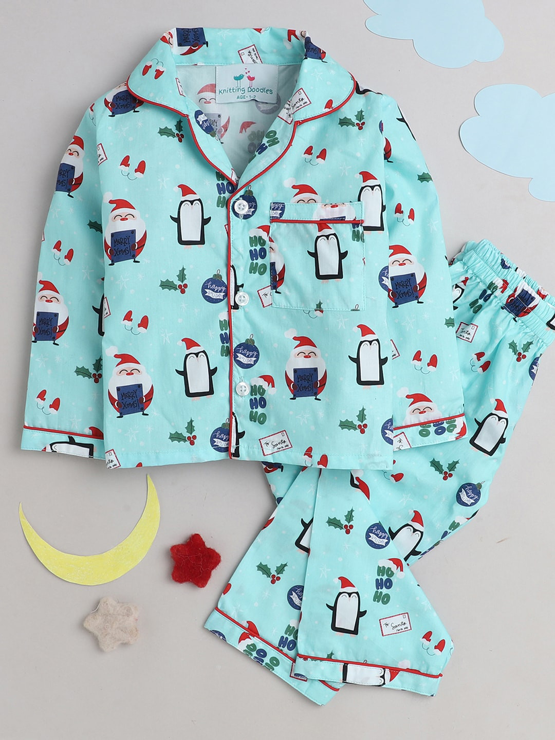 

Knitting Doodles Unisex Kids Blue & Red Printed Night suit