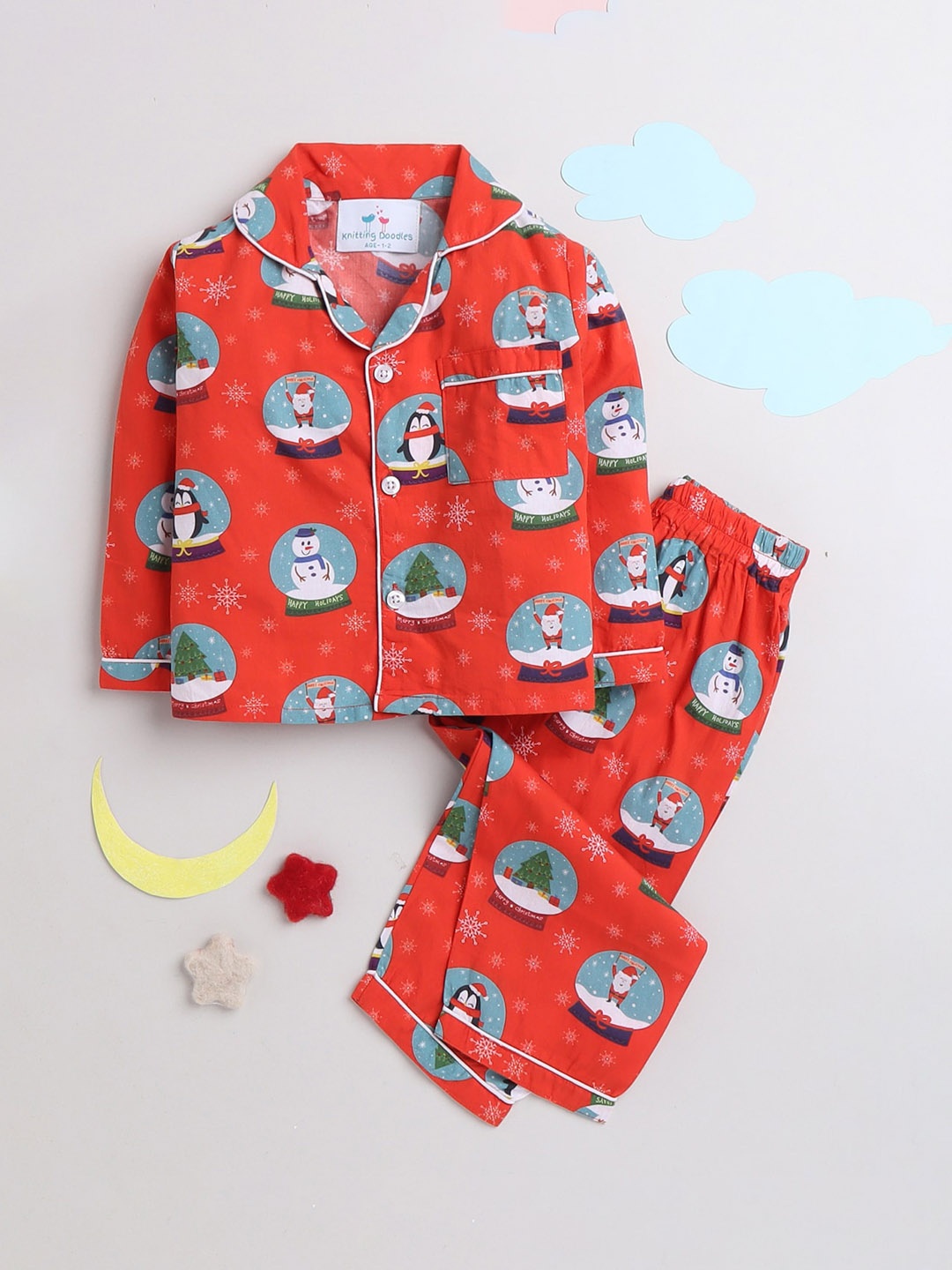 

Knitting Doodles Kids Red & Blue Printed Lapel Collar Night suit