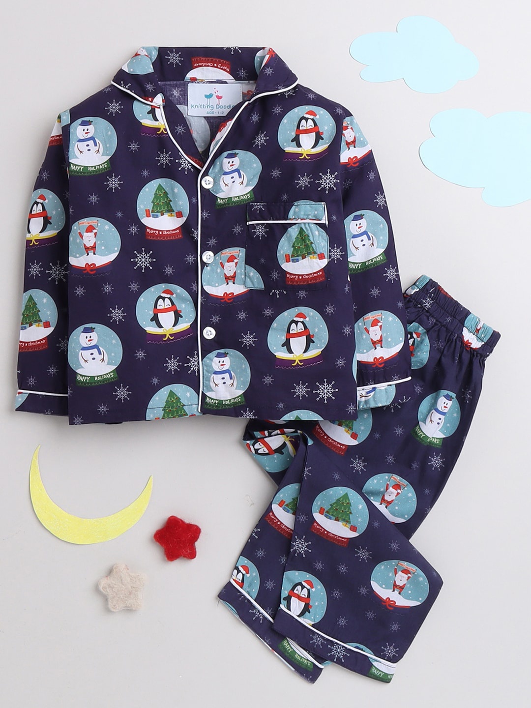 

Knitting Doodles Unisex Kids Blue & White Printed Night suit