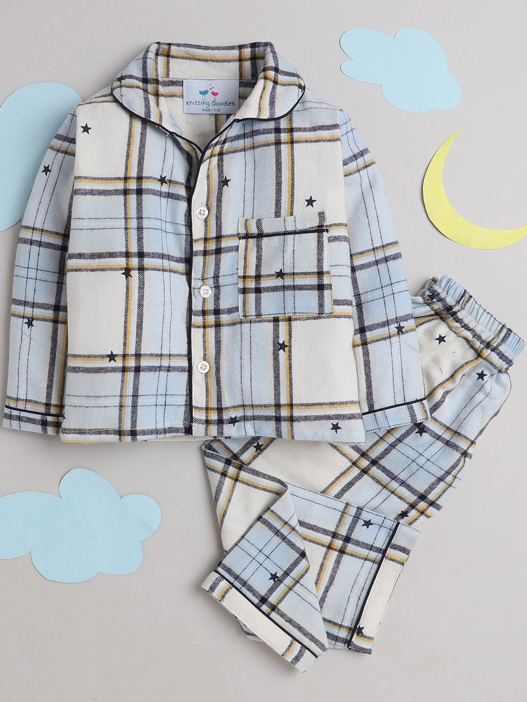 

Knitting Doodles Unisex Kids White & Brown Checked Night suit