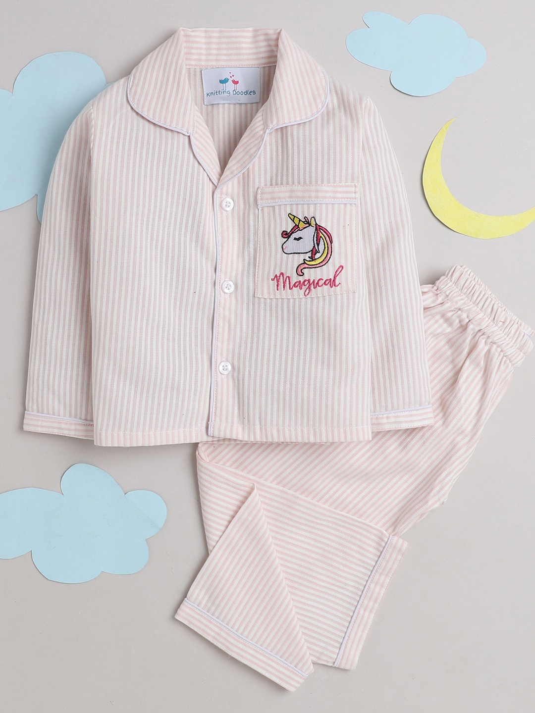 

Knitting Doodles Kids Striped Night suit, White