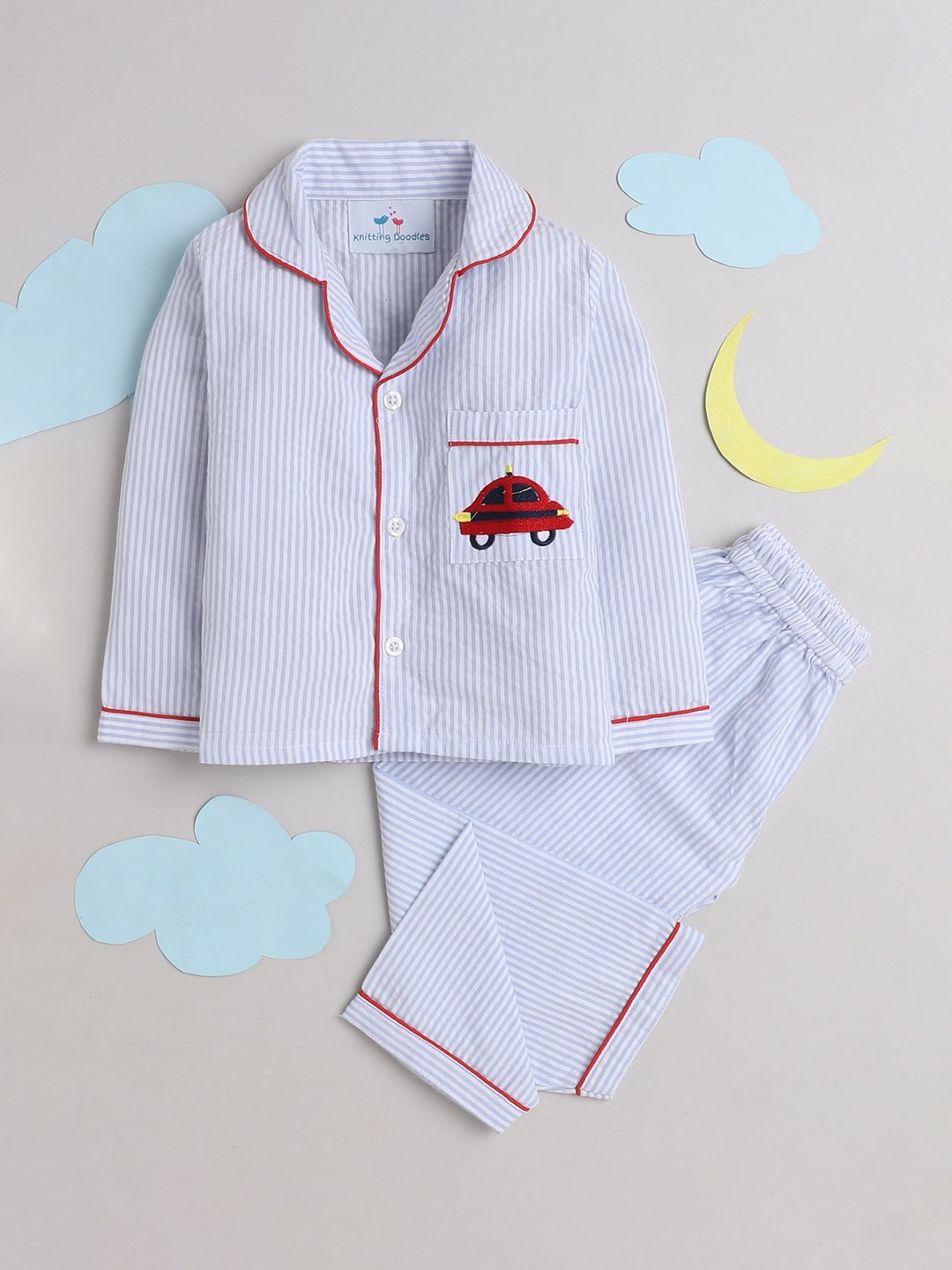 

Knitting Doodles Unisex Kids Blue & Red Striped Night suit