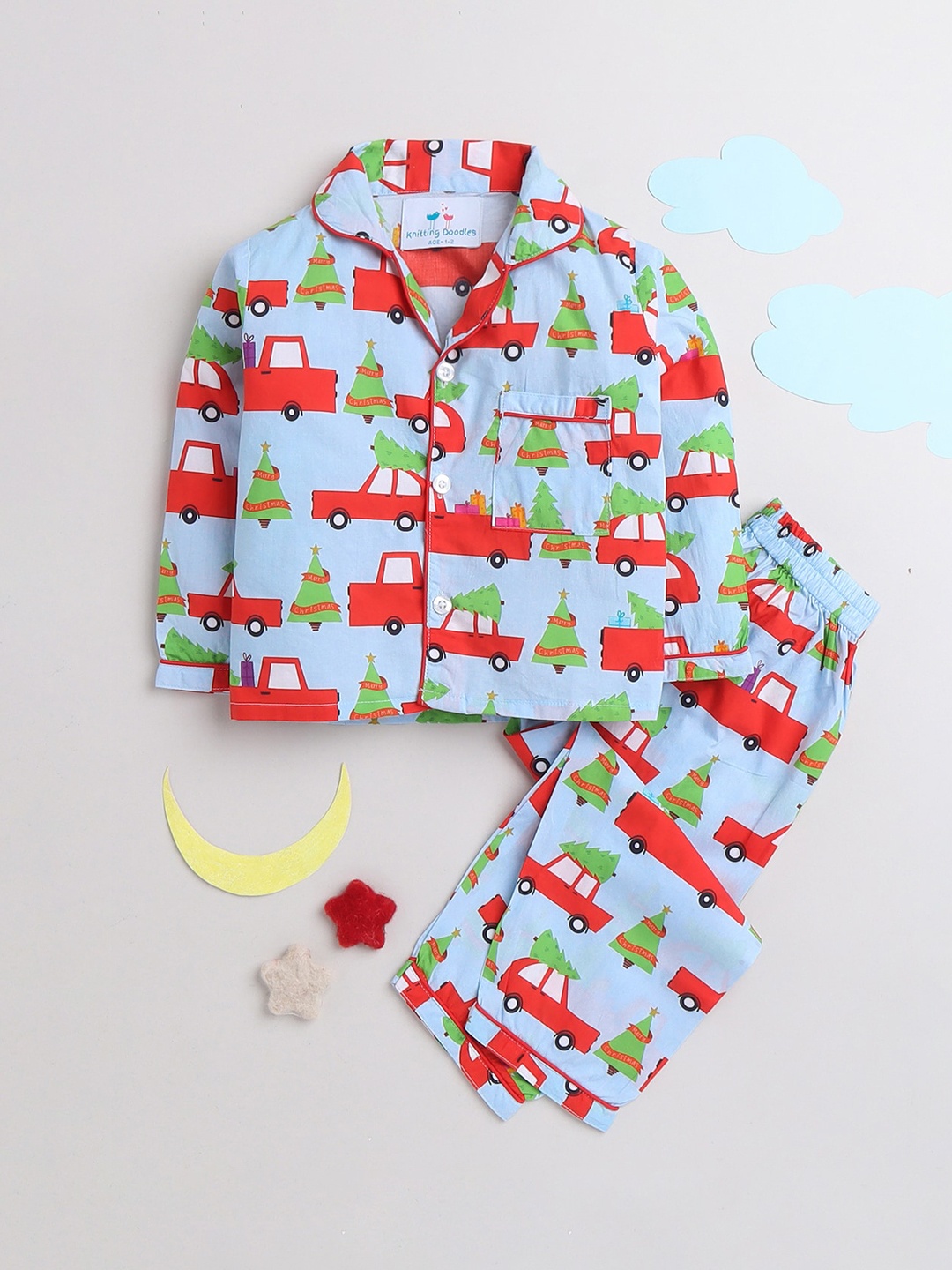 

Knitting Doodles Kids Blue & Red Printed Night suit