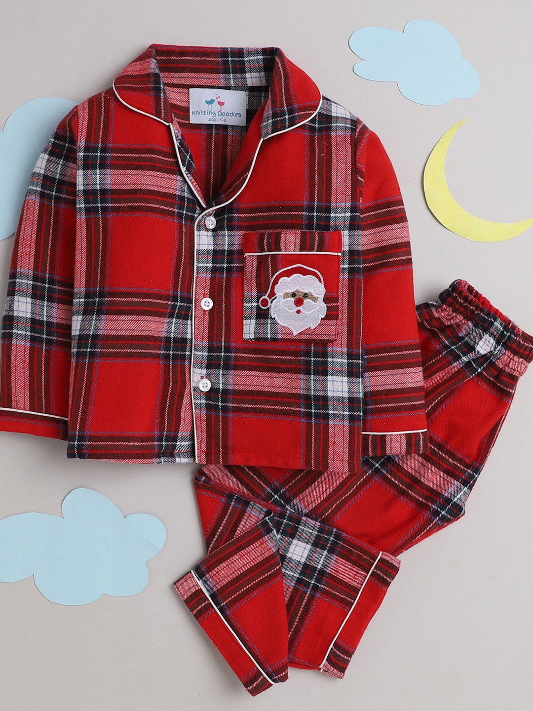 

Knitting Doodles Kids Red & Black Checked Night suit