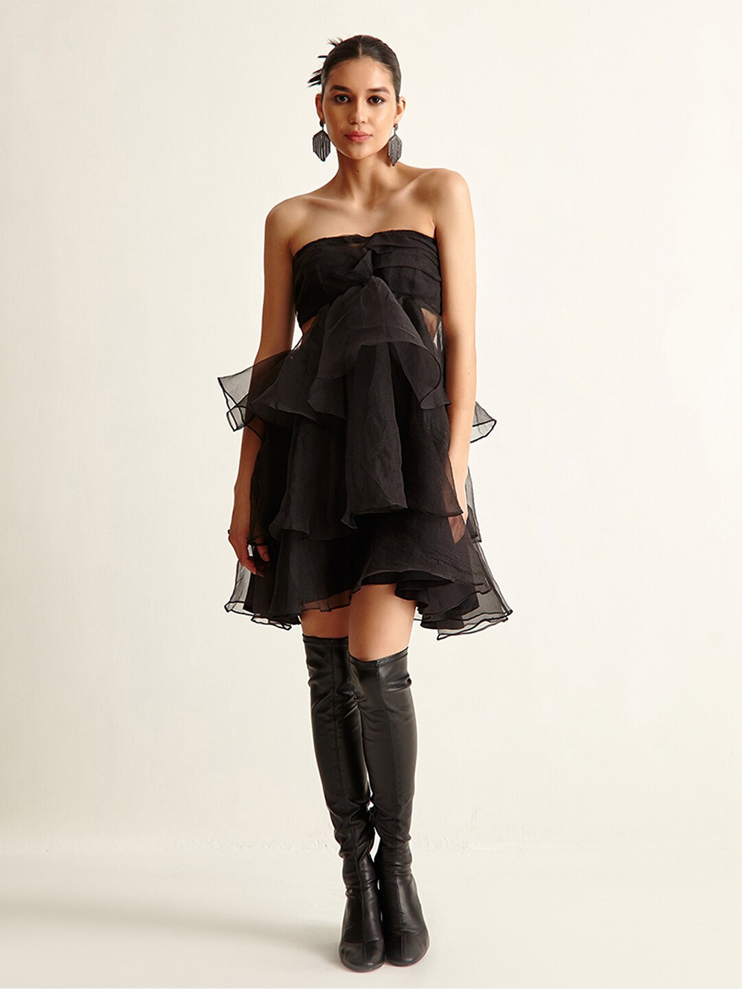 

COVER STORY Women Black Off-Shoulder Layered Dress