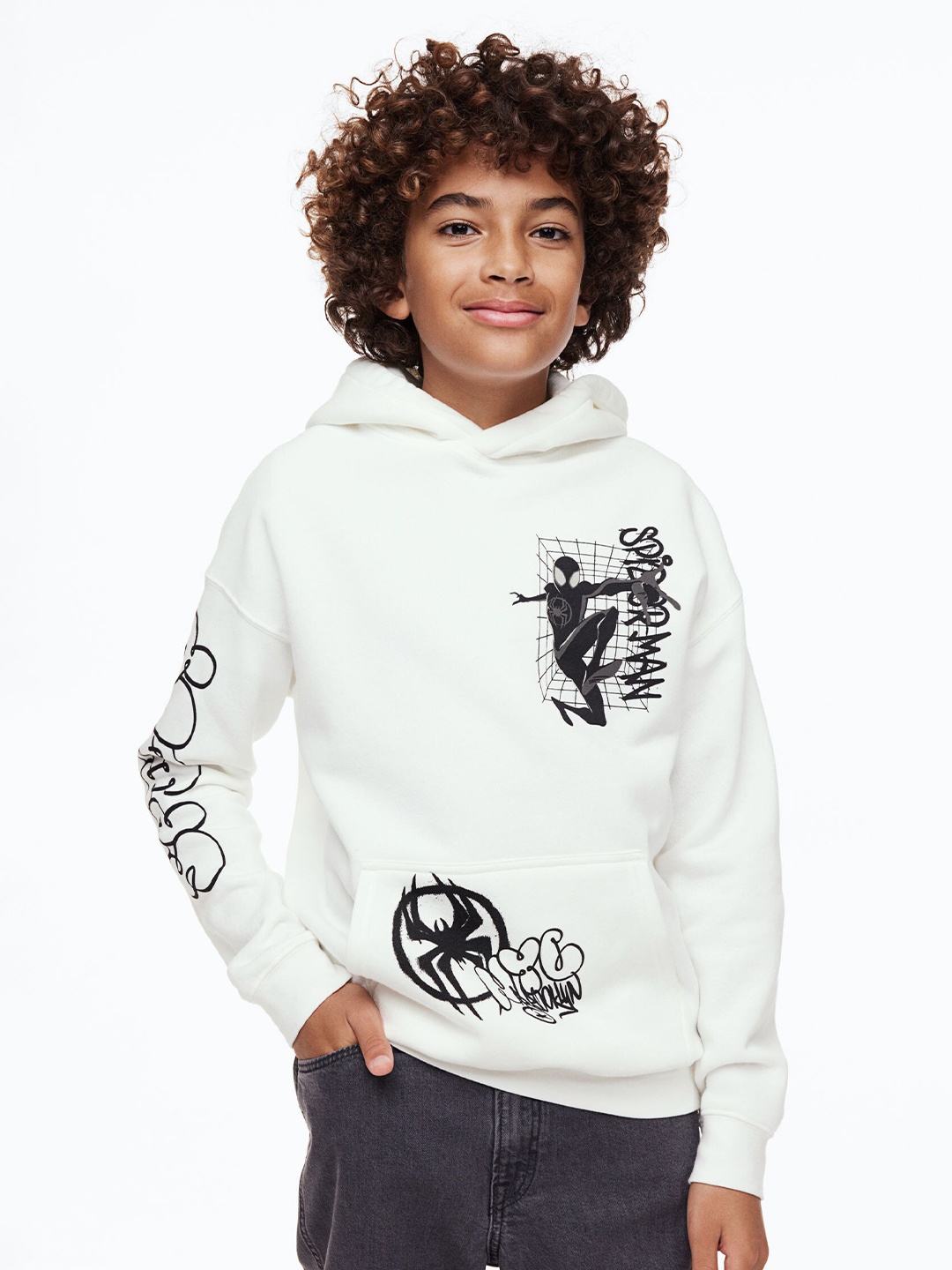 H&M Boys White Oversized Printed Hoodie