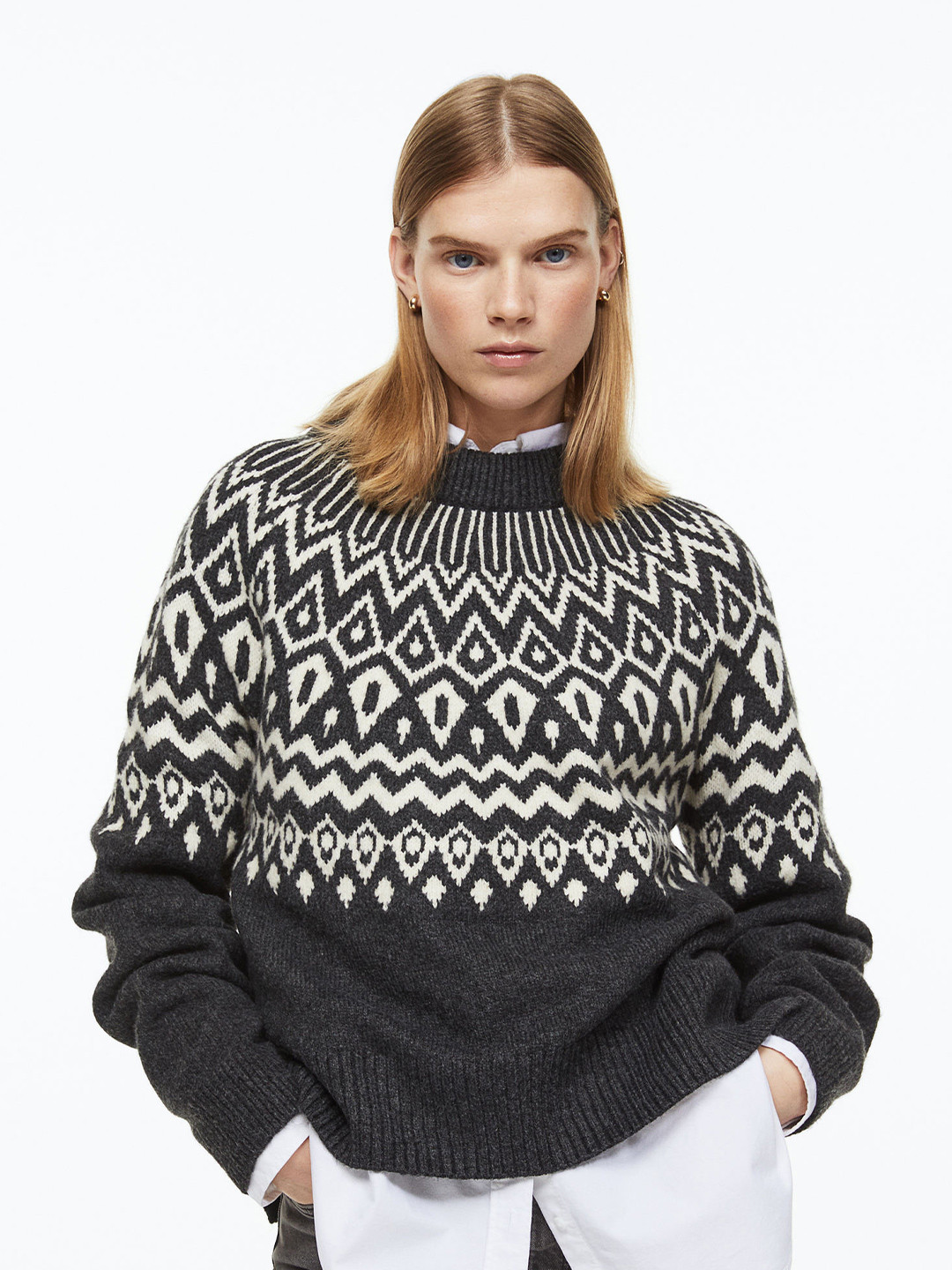 

H&M Women Grey & White Jacquard-Knit Jumper