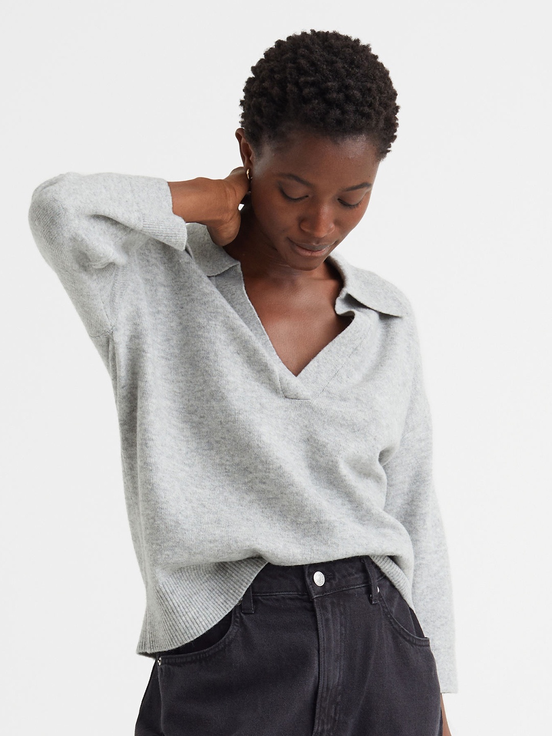 

H&M Women Grey Fine-Knit Collared Jumper
