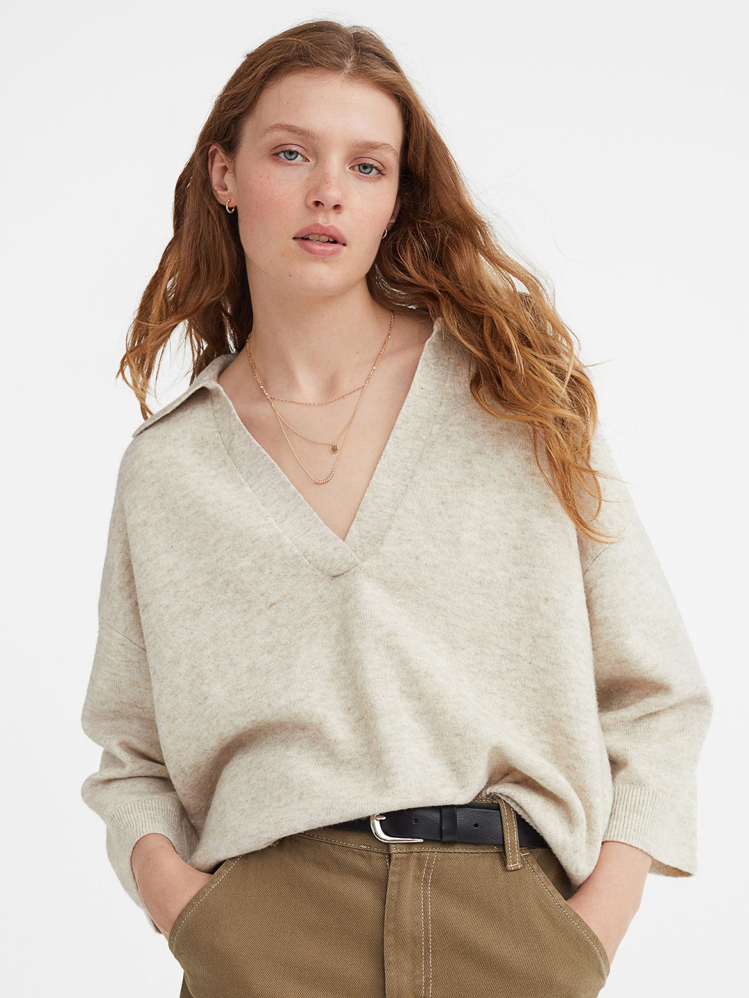 

H&M Women Beige Fine-Knit Collared Jumper