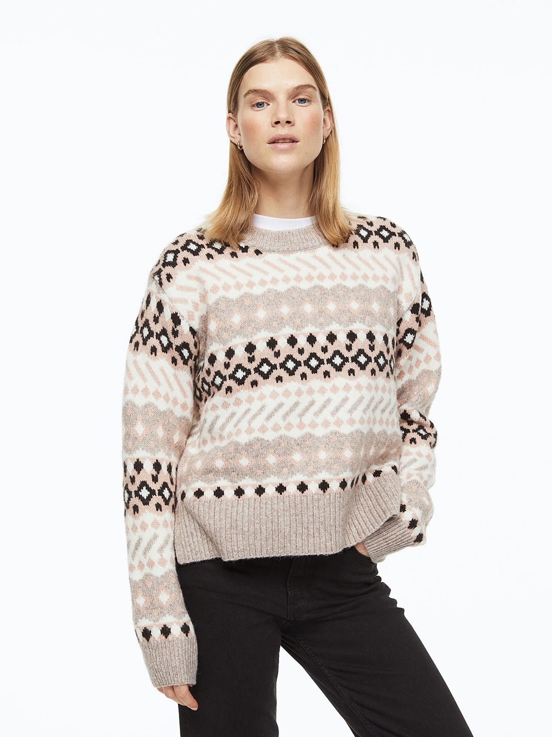 

H&M Women Beige & White Jacquard-Knit Jumper