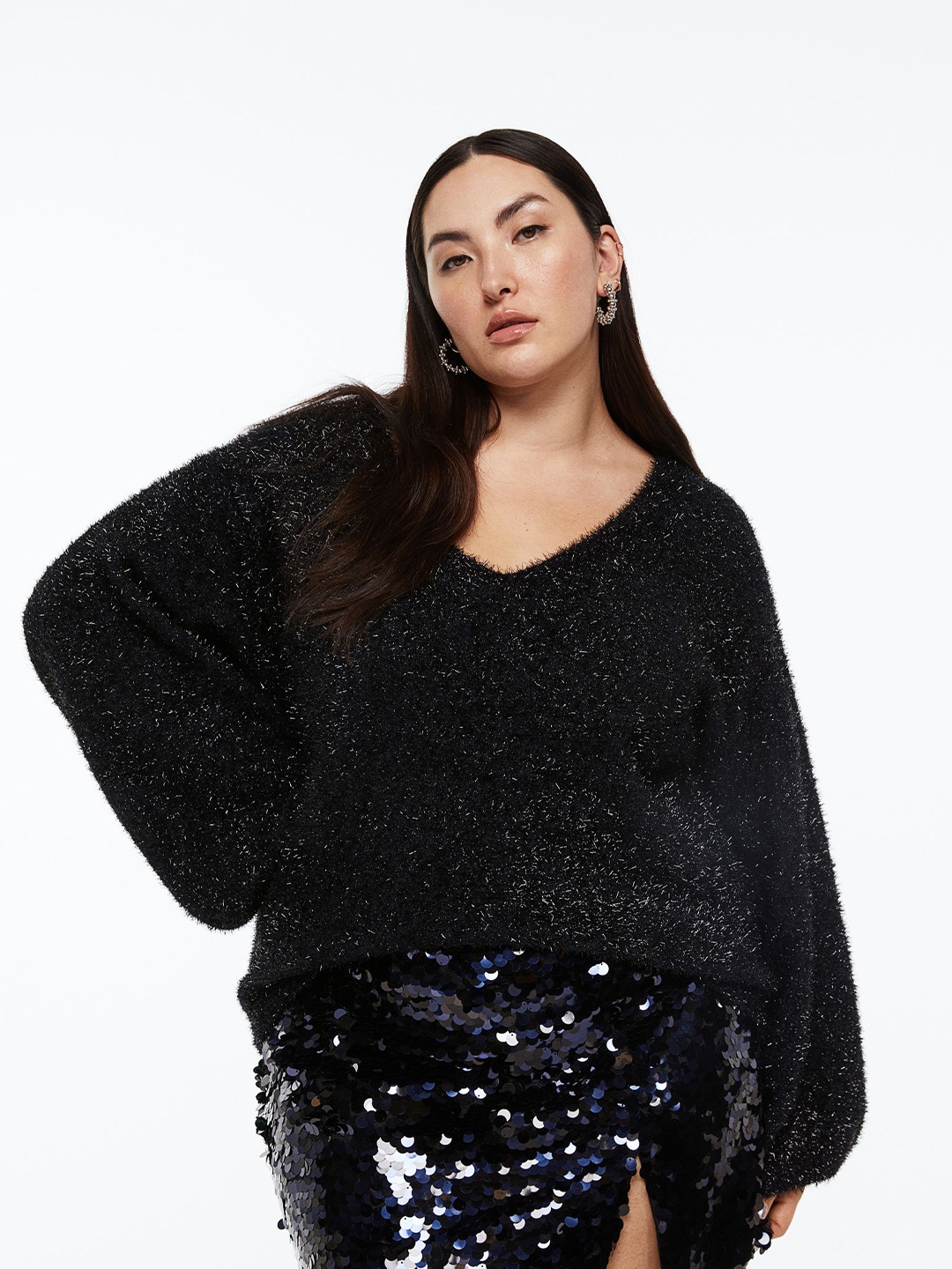

H&M Women Navy Blue Glittery Jumper