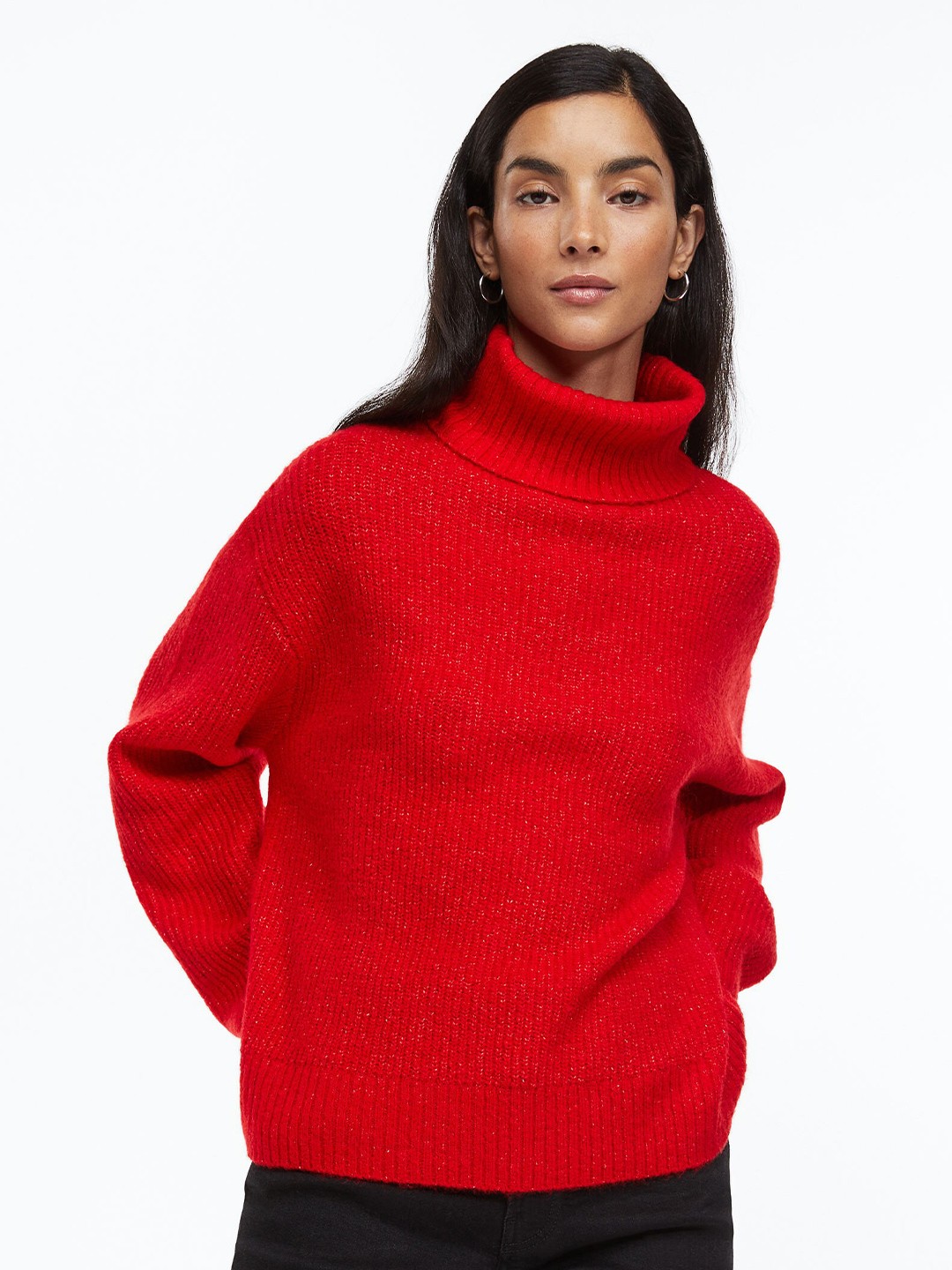 

H&M Women Red Rib-Knit Polo-Neck Jumper
