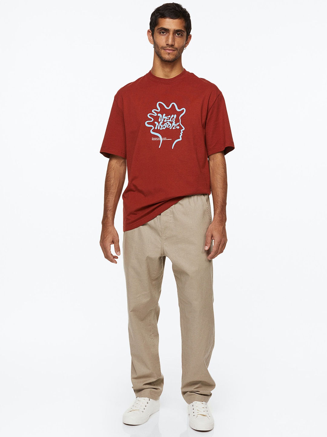 

H&M Men Beige Loose Fit Linen-Blend Trousers