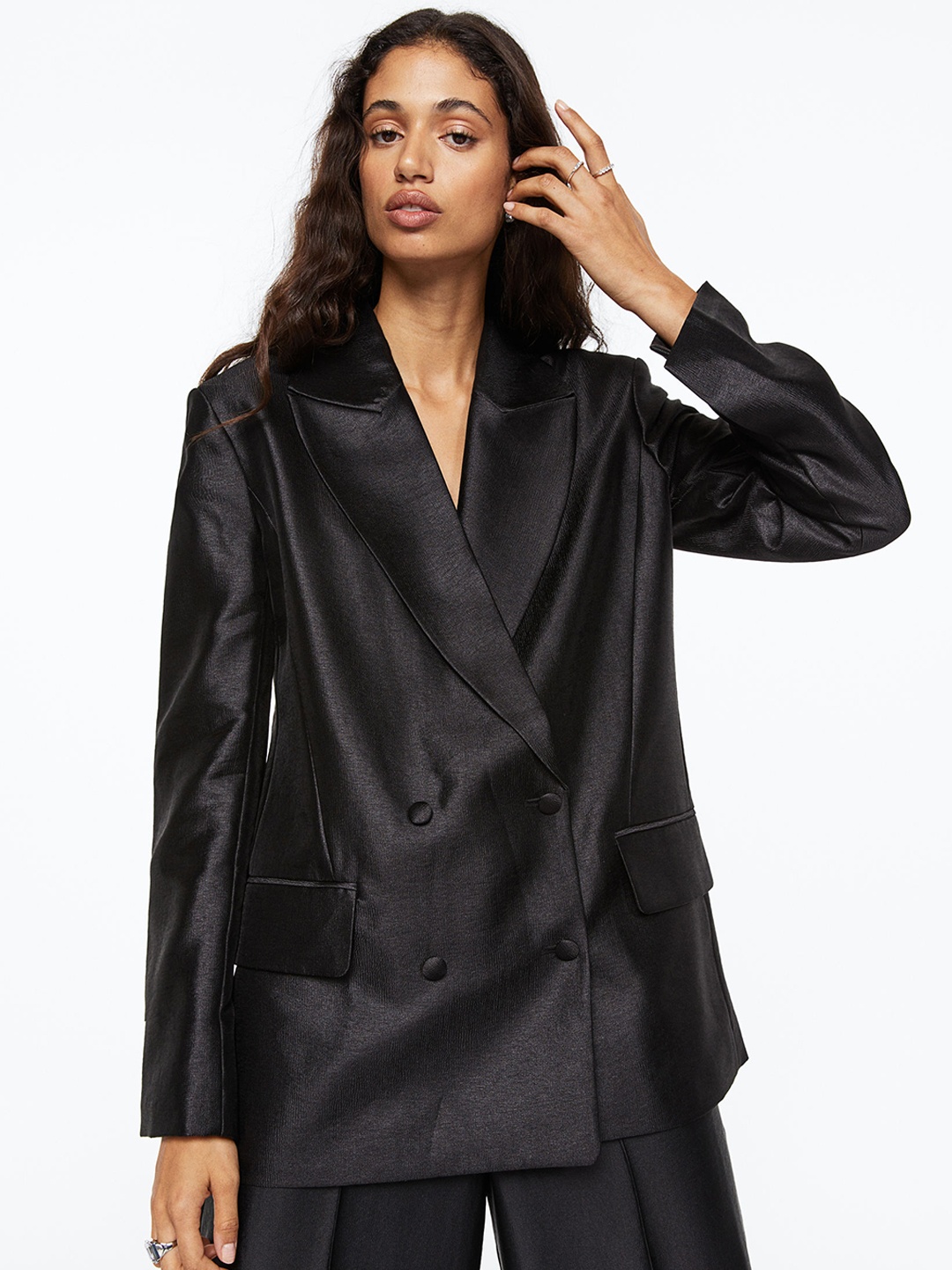 

H&M Women Black Double-Breasted Satin Blazer