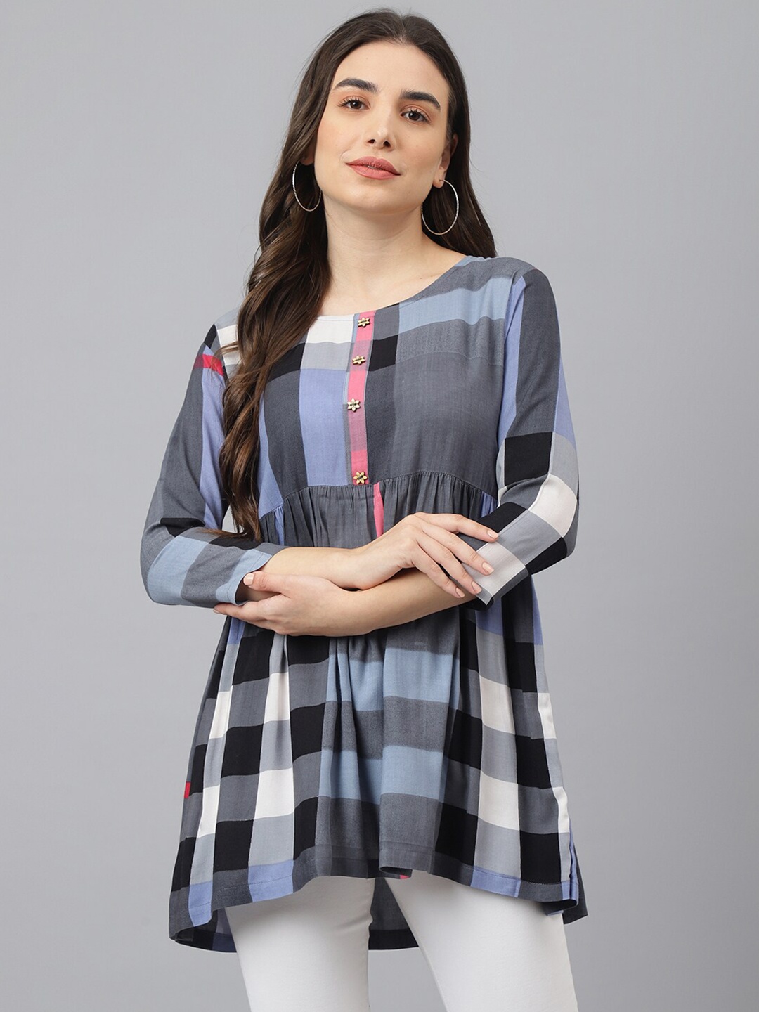 

ADAA JAIPUR Women Grey & Navy Blue Checked Longline Top