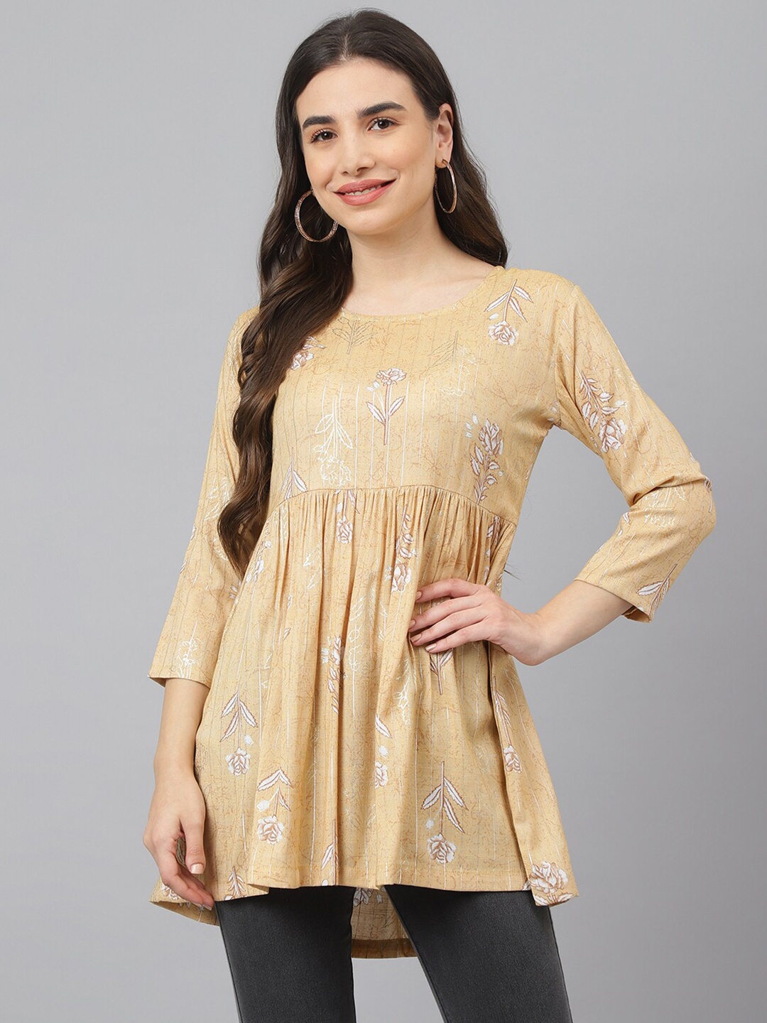 

ADAA JAIPUR Beige & White Floral Print Empire Longline Top